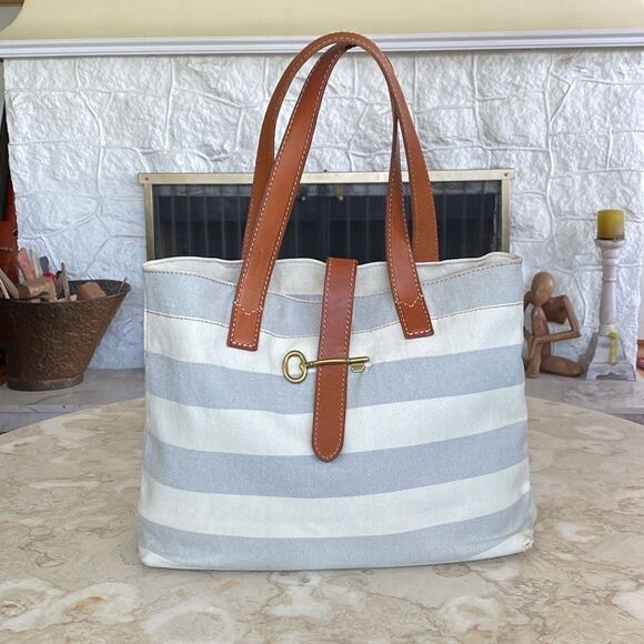 Fossil Austin Cream Blue Stripe Coated Canvas Leather Nautical Tote Shoulder Bag - Picture 2 of 15